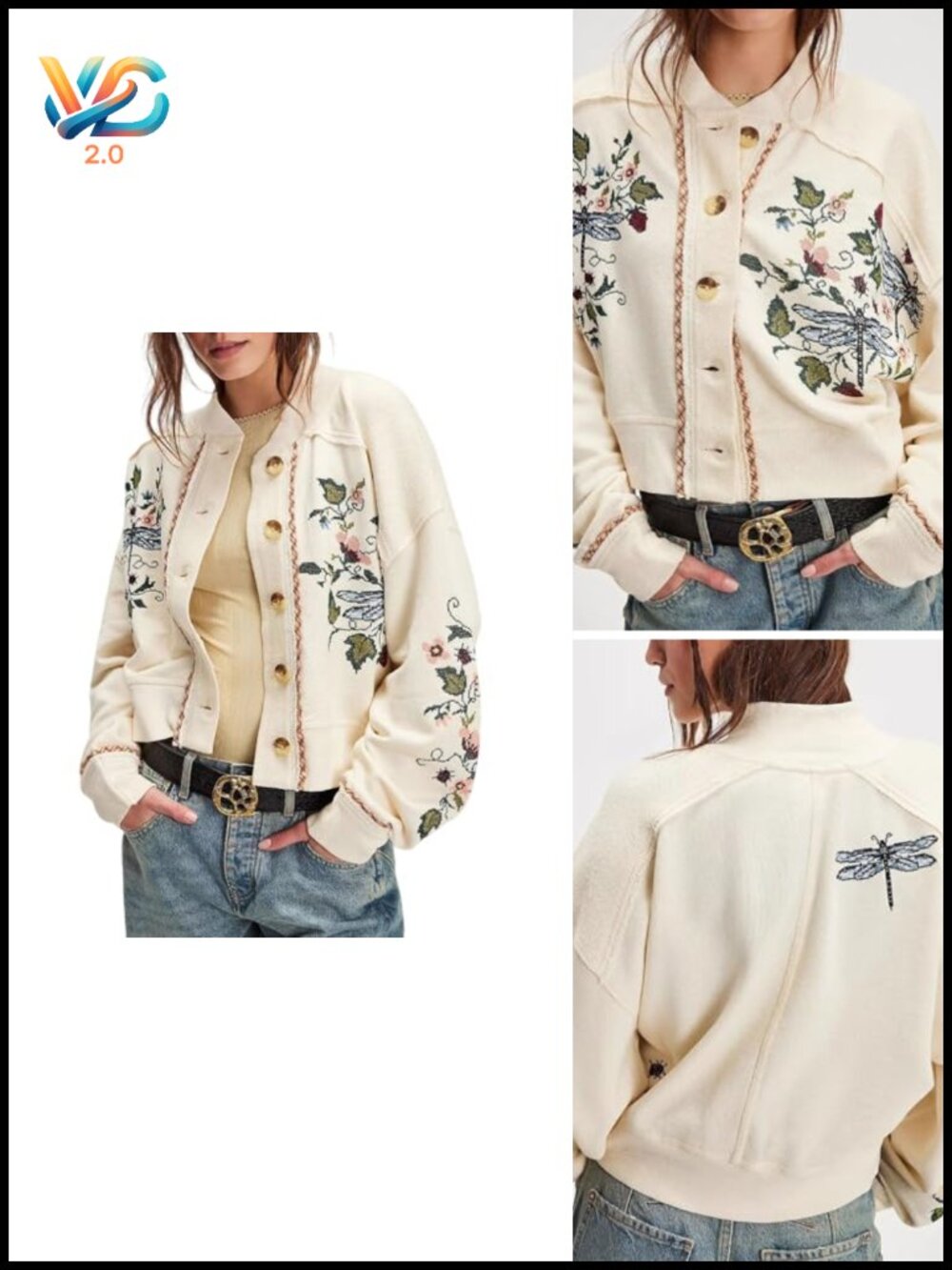 Chunky Knit Cardigan Floral Embroidered Button Down Crop Sweatshirt Outwear